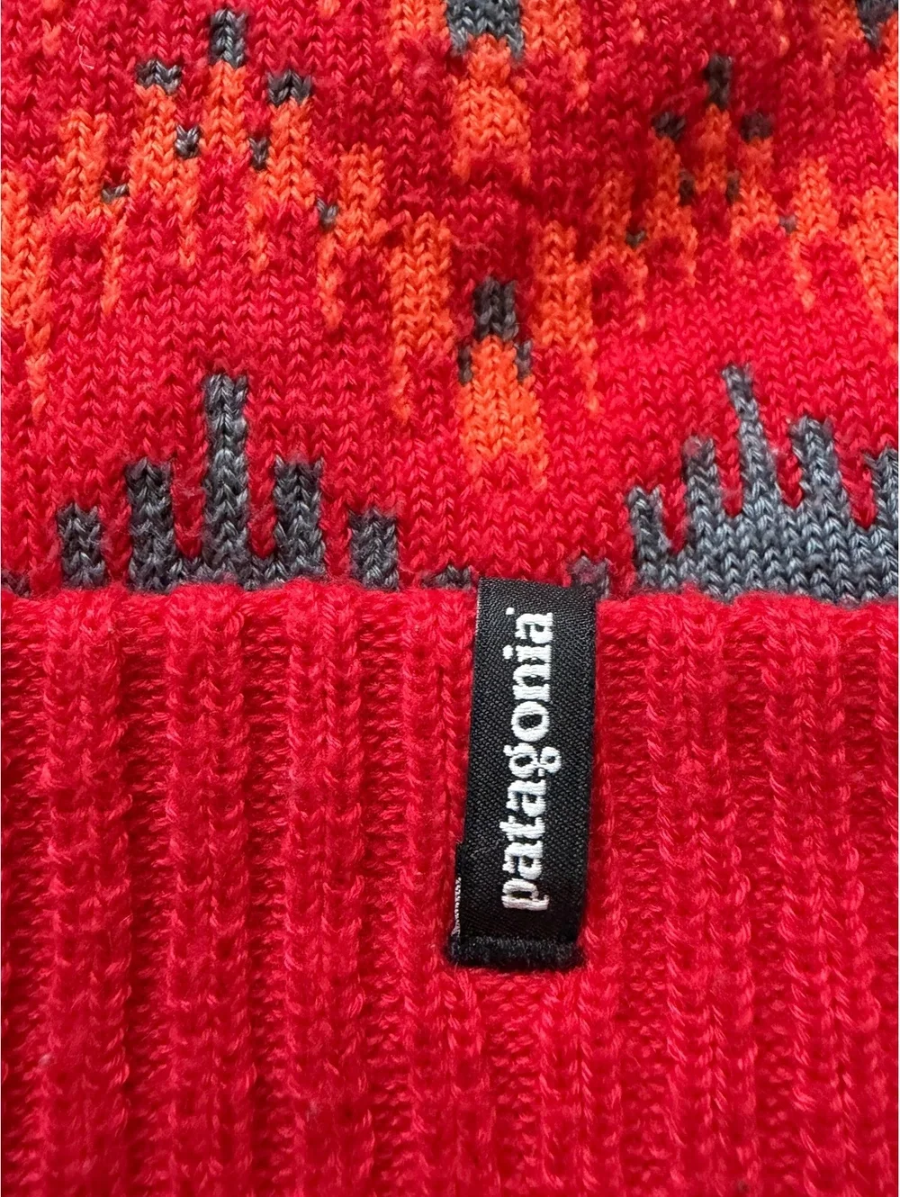 Patagonia Powder Town Beanie red grey orange ribbed cuff pom pom